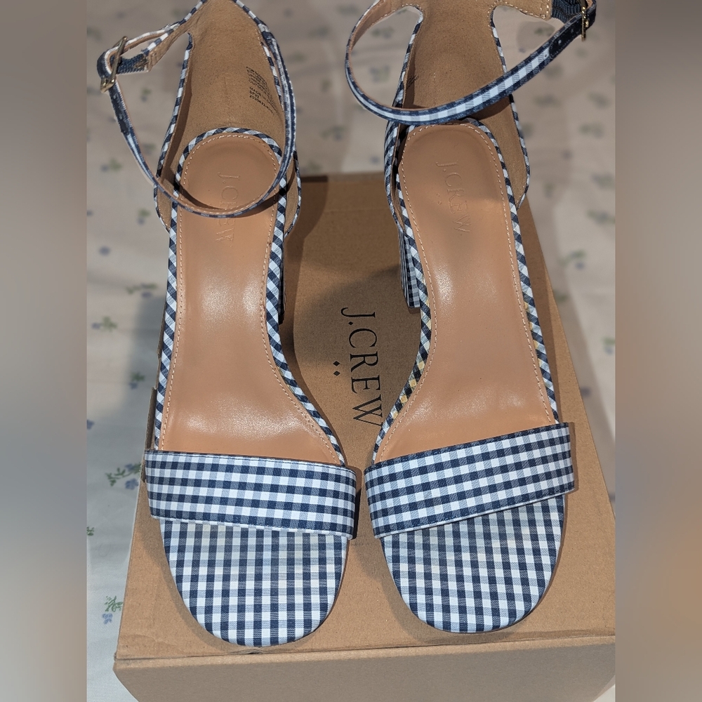 J. Crew Blue and White Gingham Stacked Heels